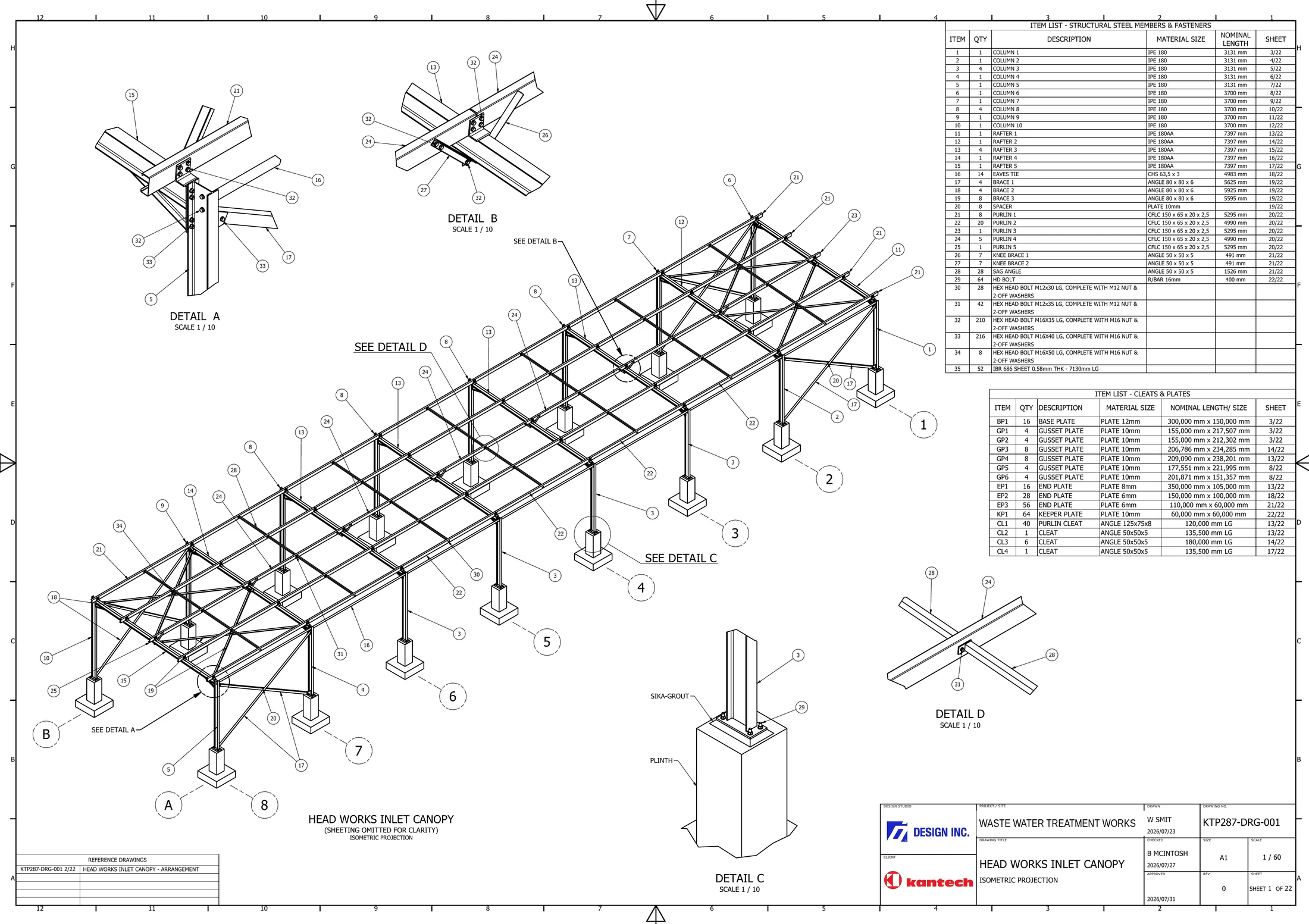 Issued A1 sheet: isometric projection of a structural steel inlet canopy with balloon item references, four scaled connection details, and item lists for steel members, cleats and plates.