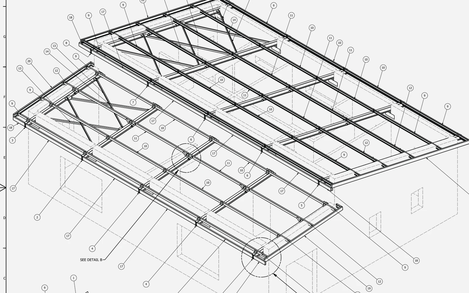 Isometric 3D model of a staff facility roof: steel rafters, purlins and bracing over a masonry building, with balloon item references.