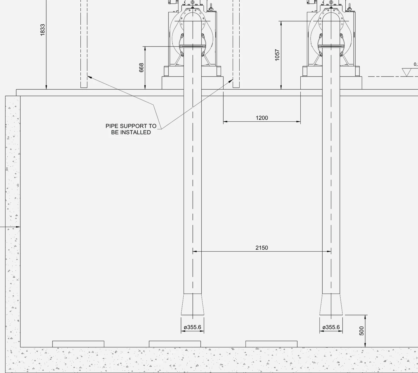 Section through a pump station wet well showing pump sets, rising mains and dimensioned setting-out.