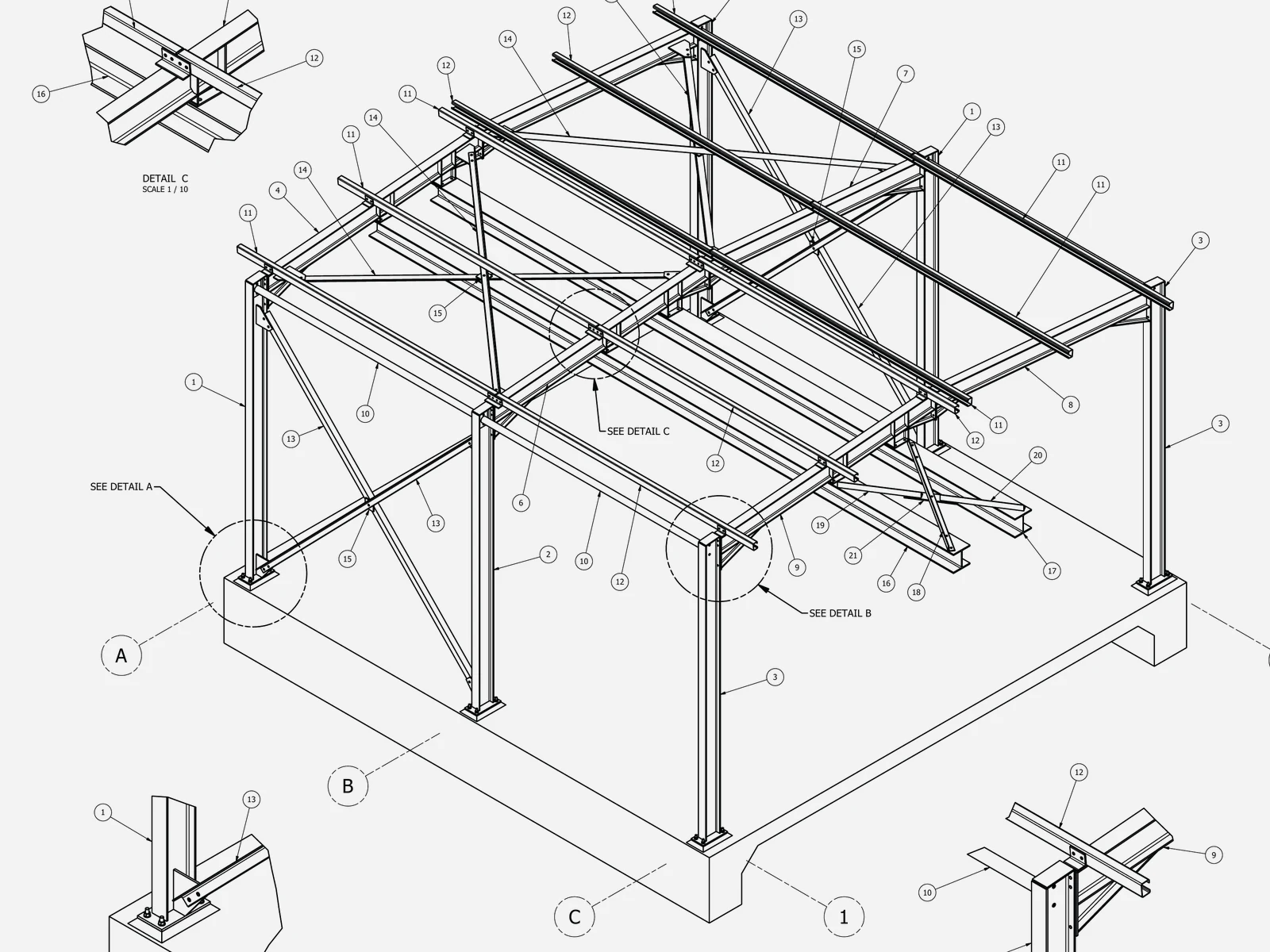 Isometric 3D model of a pump station canopy: columns, rafters, cross bracing and base plates on a concrete slab.