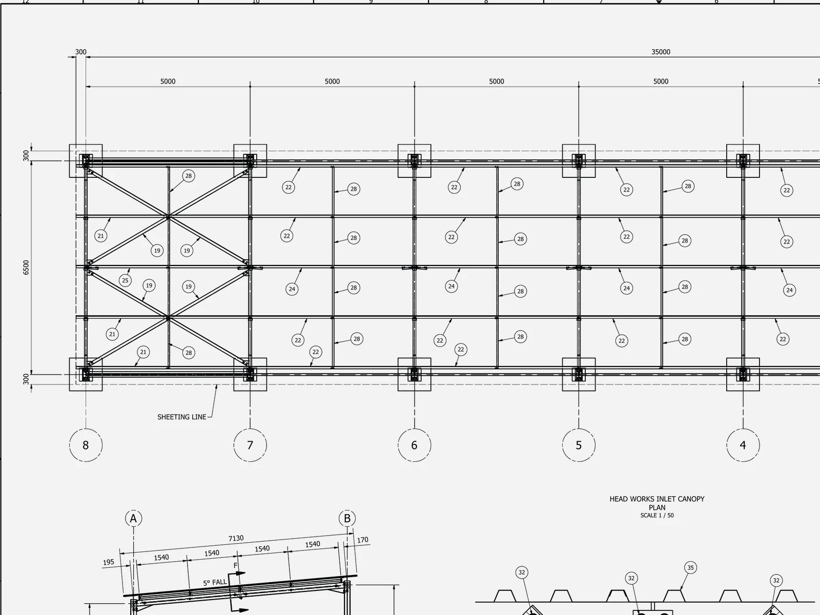 Dimensioned plan of an inlet canopy on a structural grid, showing bracing bays, sheeting line and gridline references.
