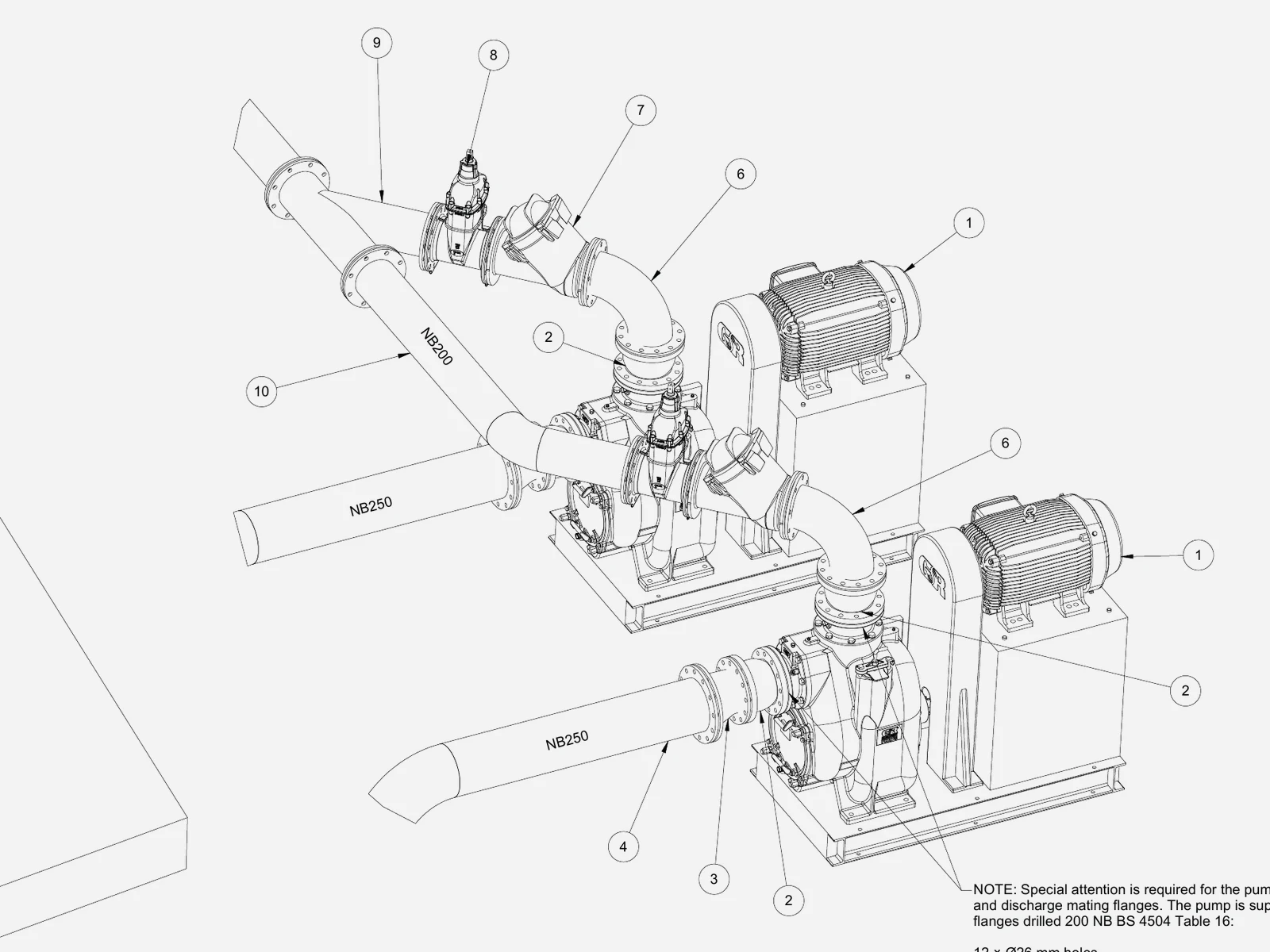 Isometric 3D model of a pump and pipework assembly: two pump sets, suction and discharge pipework, valves and flanges, with balloon item numbers.